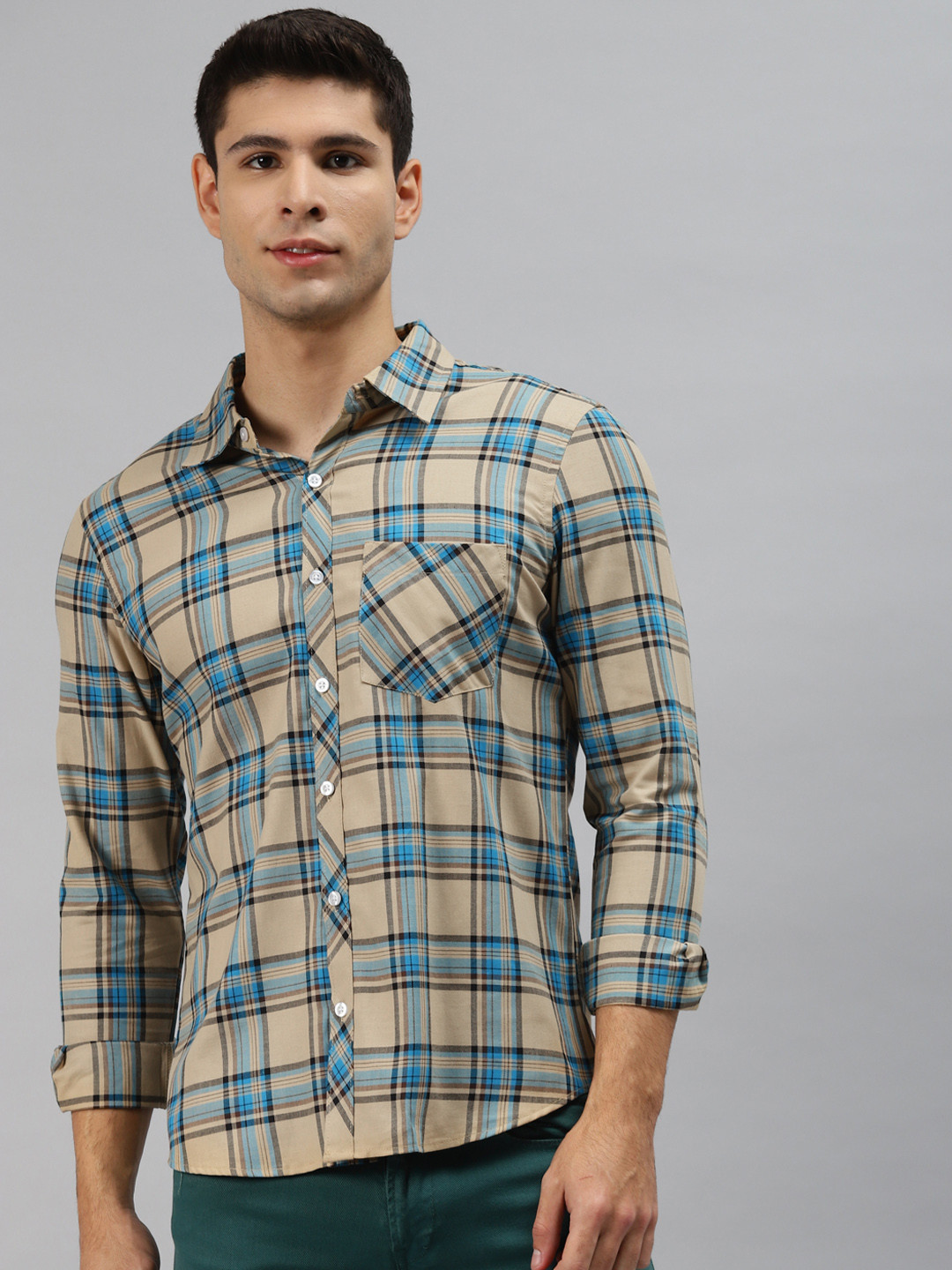 

Hubberholme Men Beige & Blue Opaque Checked Casual Shirt