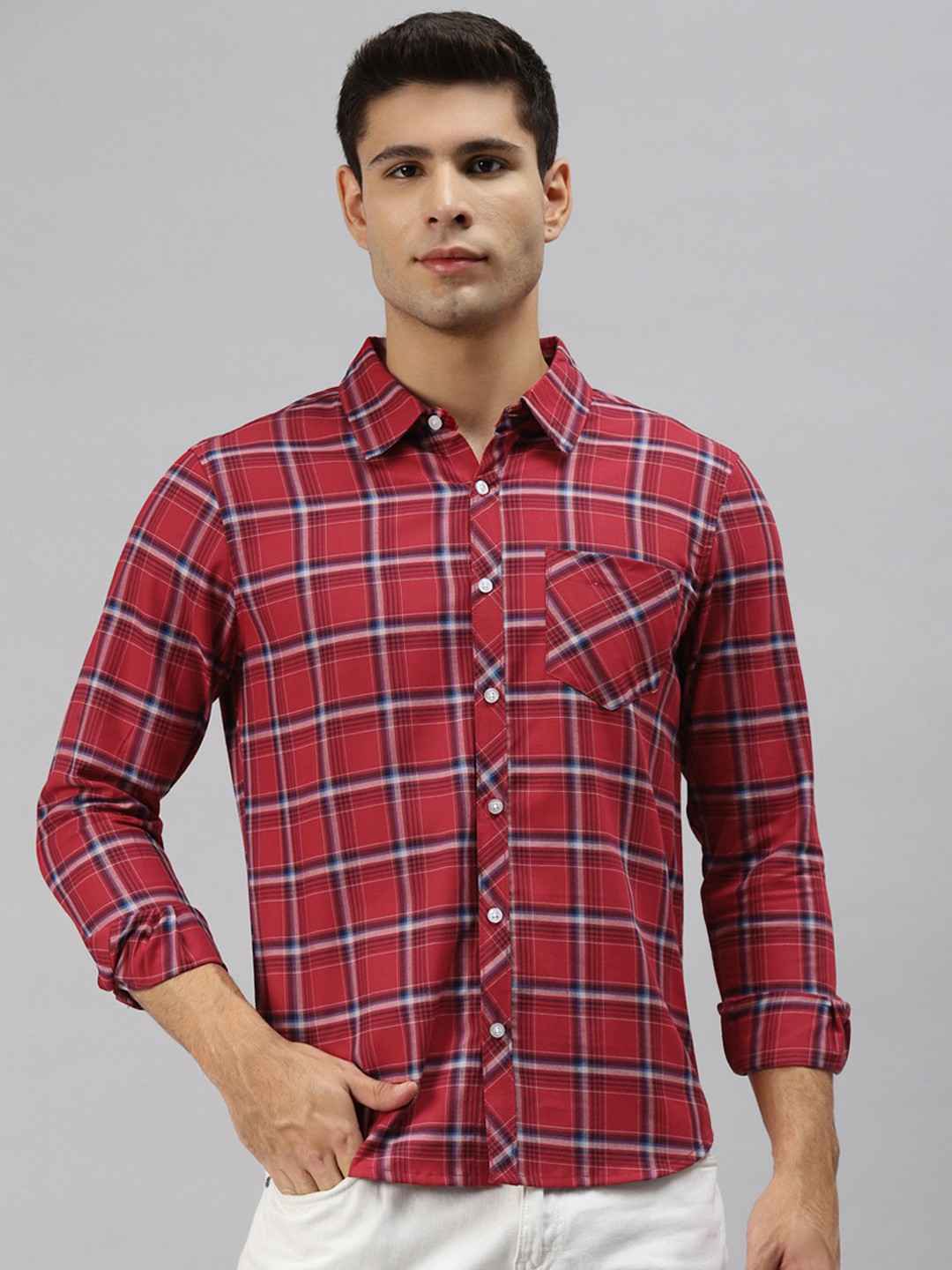 

Hubberholme Men Red Opaque Checked Casual Shirt