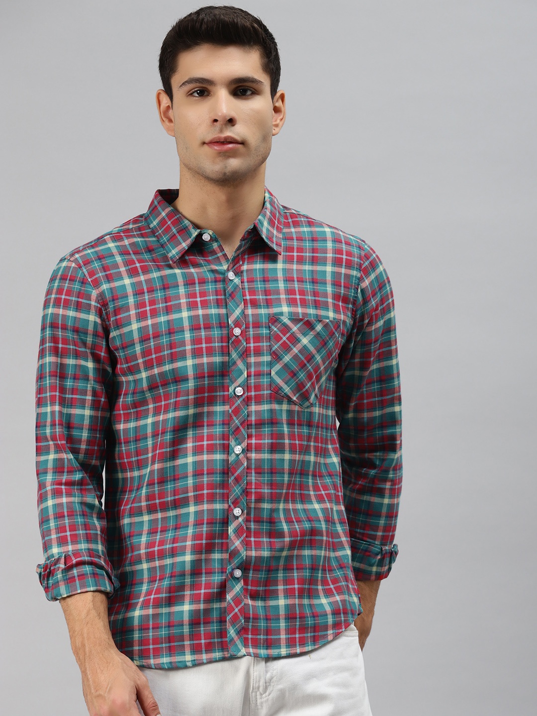 

Hubberholme Men Turquoise Blue Pure Cotton Checked Casual Shirt