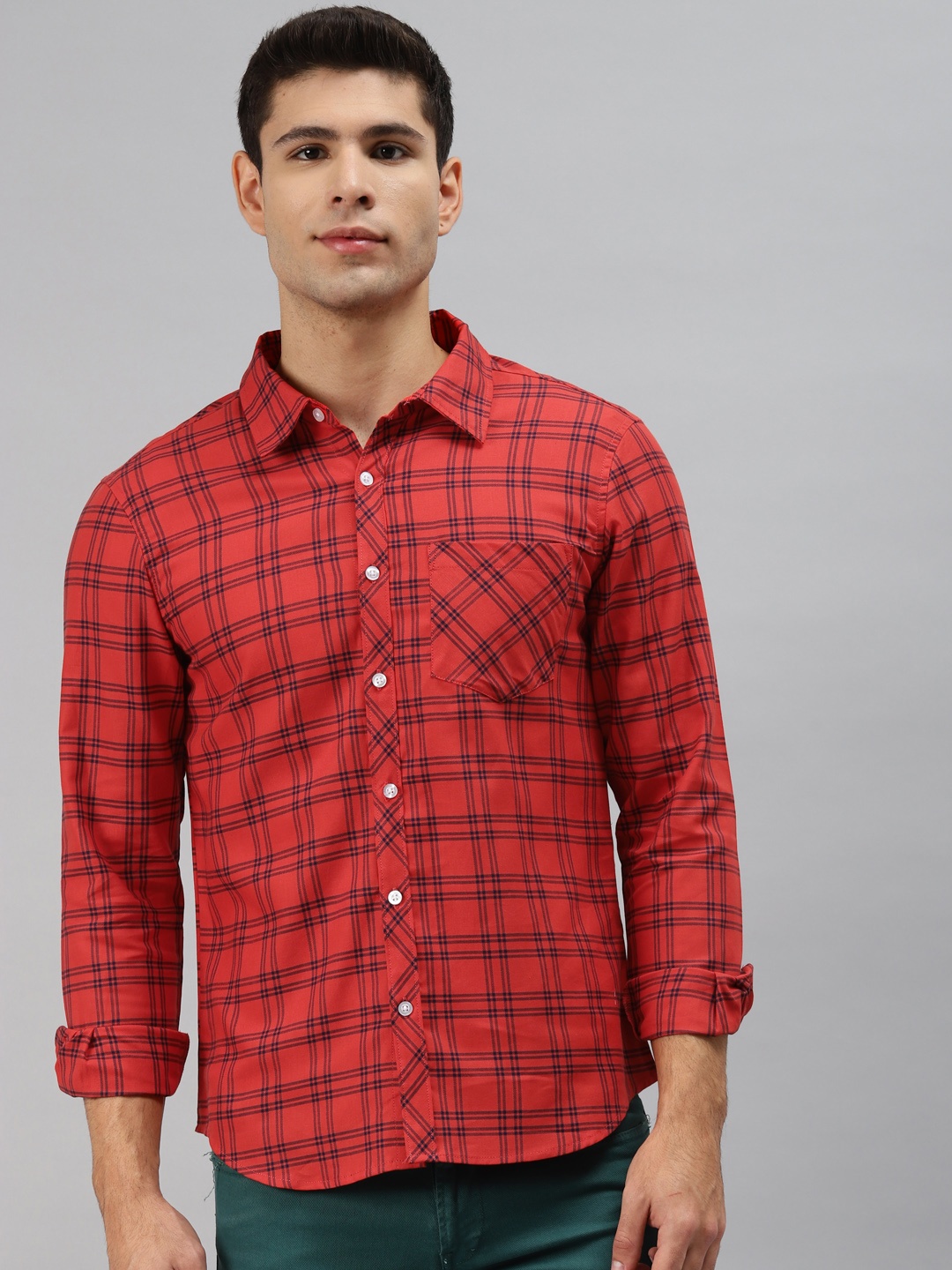 

Hubberholme Men Red Opaque Checked Casual Shirt
