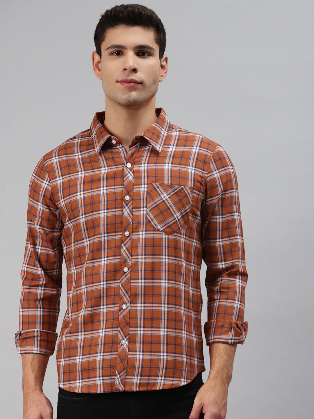

Hubberholme Men Rust Orange Classic Opaque Checked Casual Shirt