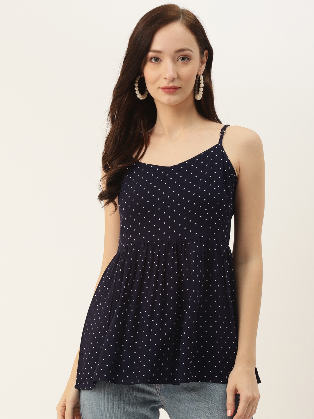 

BRINNS Navy Blue & White Polka Dots A-Line Top