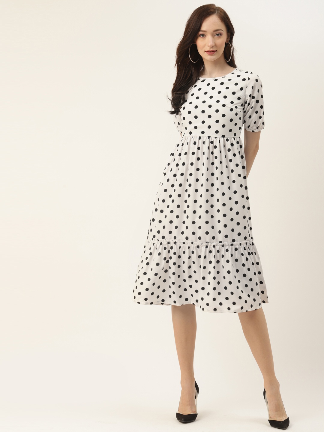 

BRINNS White & Black Polka Dots Printed Crepe Dress