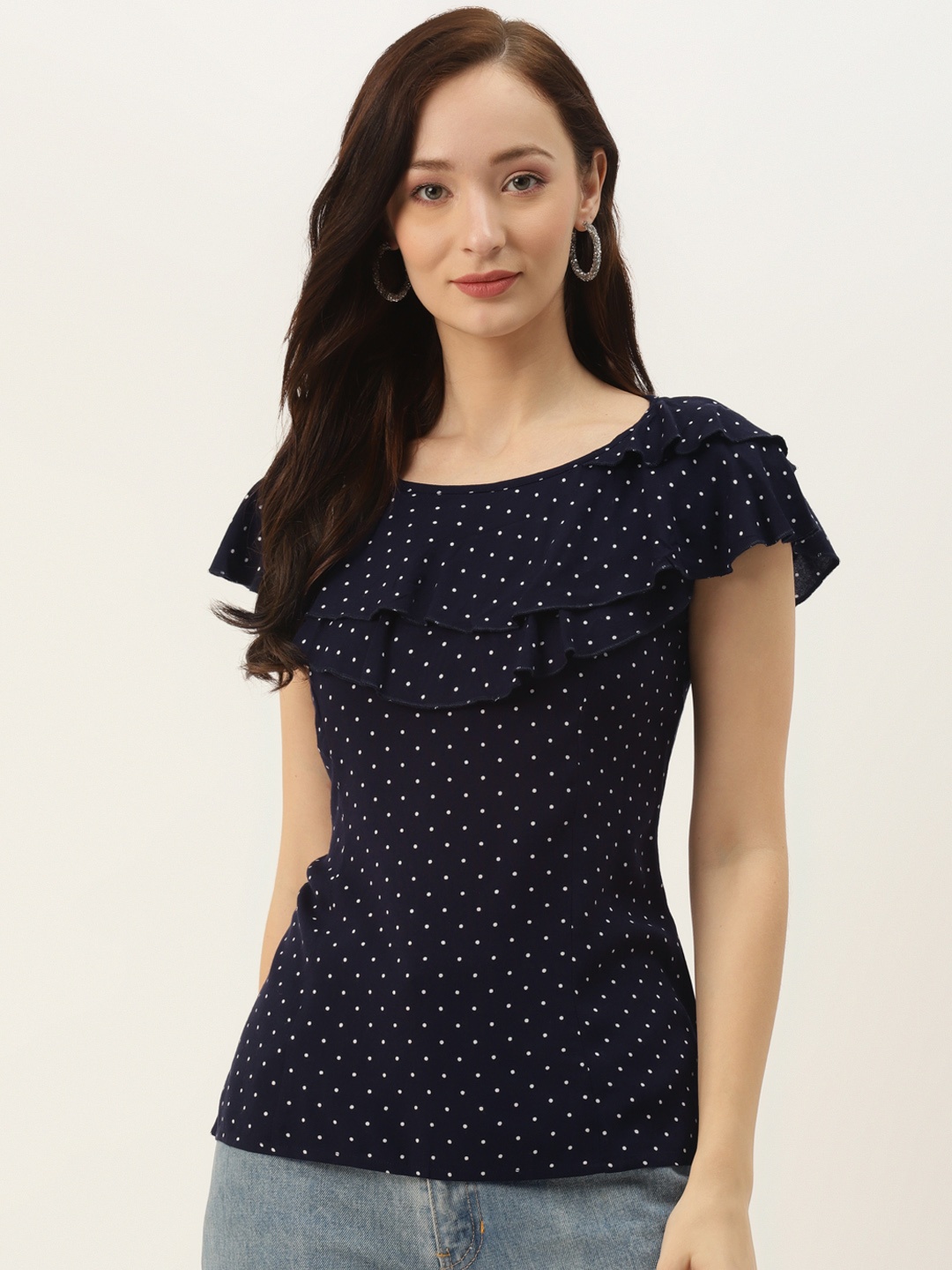 

BRINNS Navy Blue & White Polka Dots Ruffles Regular Top