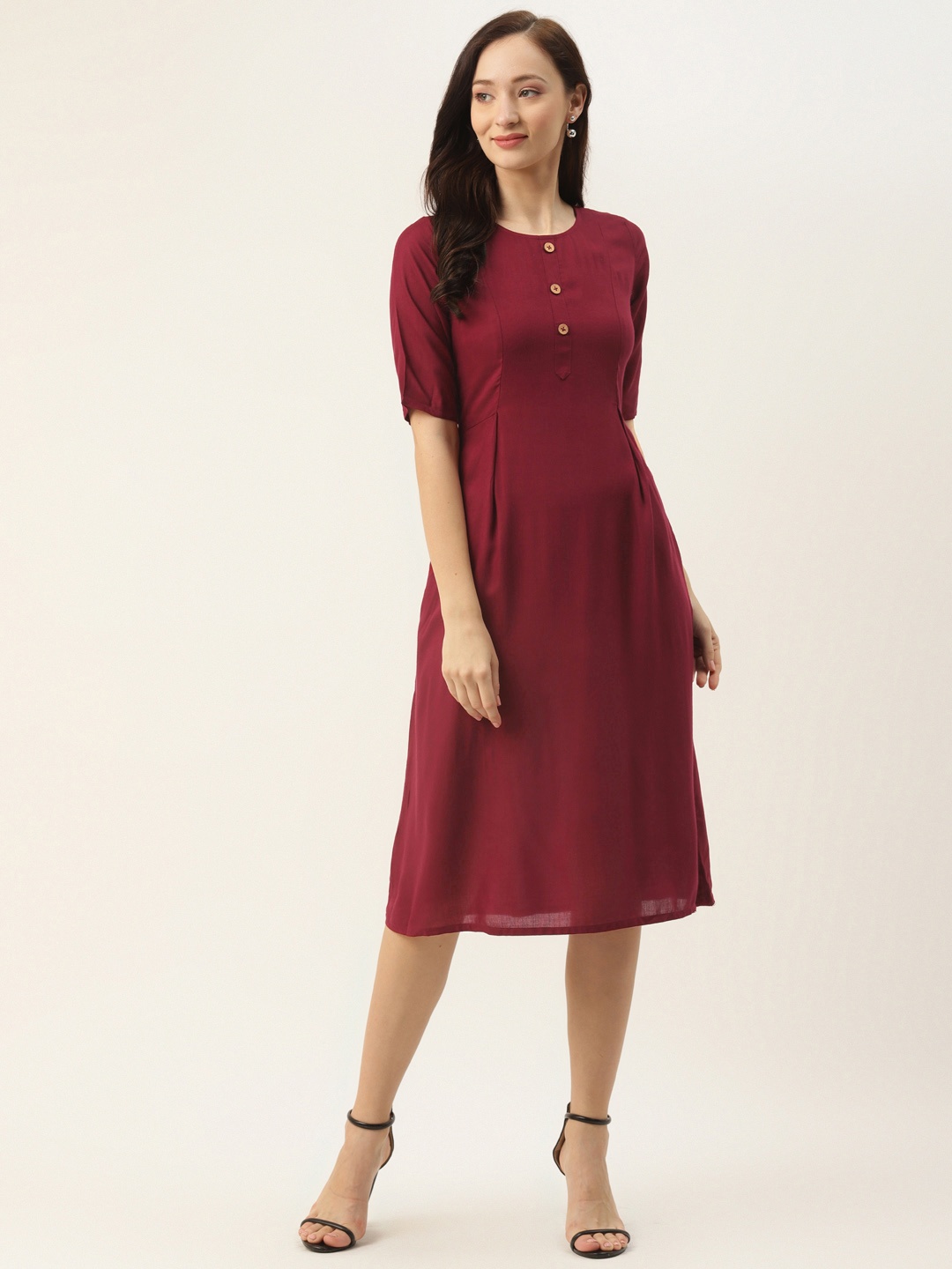 

BRINNS Maroon Solid Flared Midi Dress