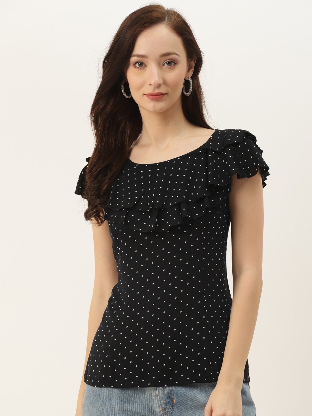

BRINNS Black & White Polka Dots Ruffles Regular Top