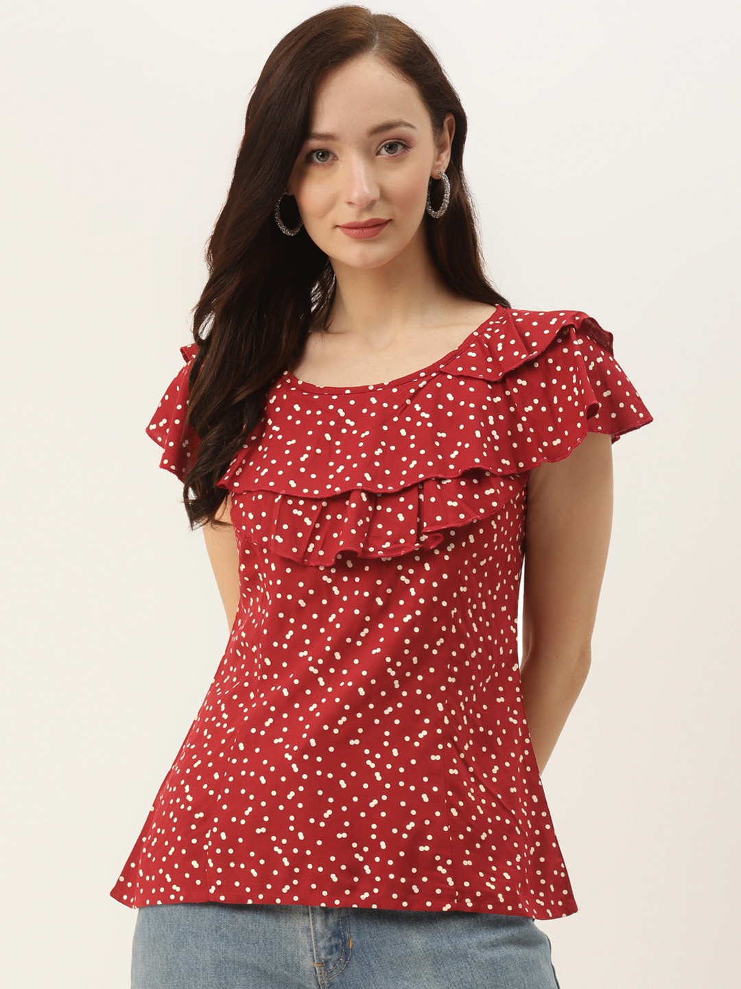 

BRINNS Red & White Polka Dots Ruffles Regular Top