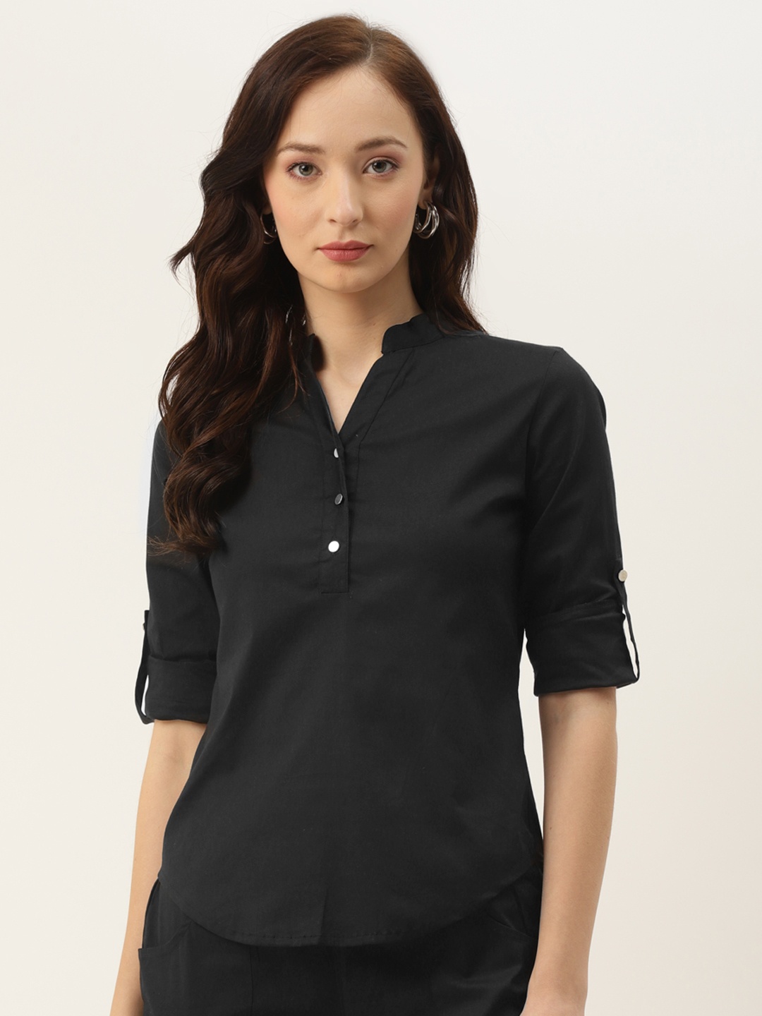 

BRINNS Women Black Solid Mandarin Collared Casual Shirt