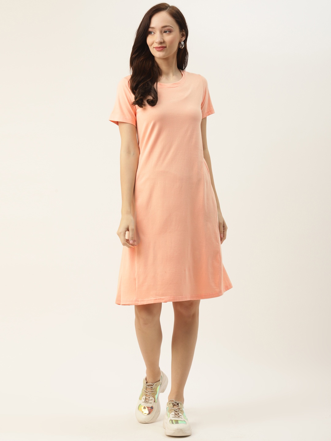 

BRINNS Peach-Coloured Solid Round Neck Pure Cotton T-shirt Dress