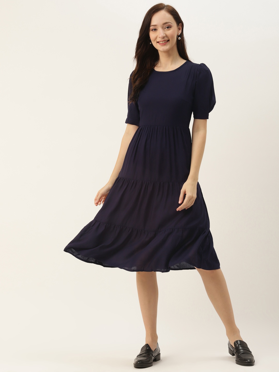 

BRINNS Navy Blue Solid Puff Sleeves Tiered Flared Dress