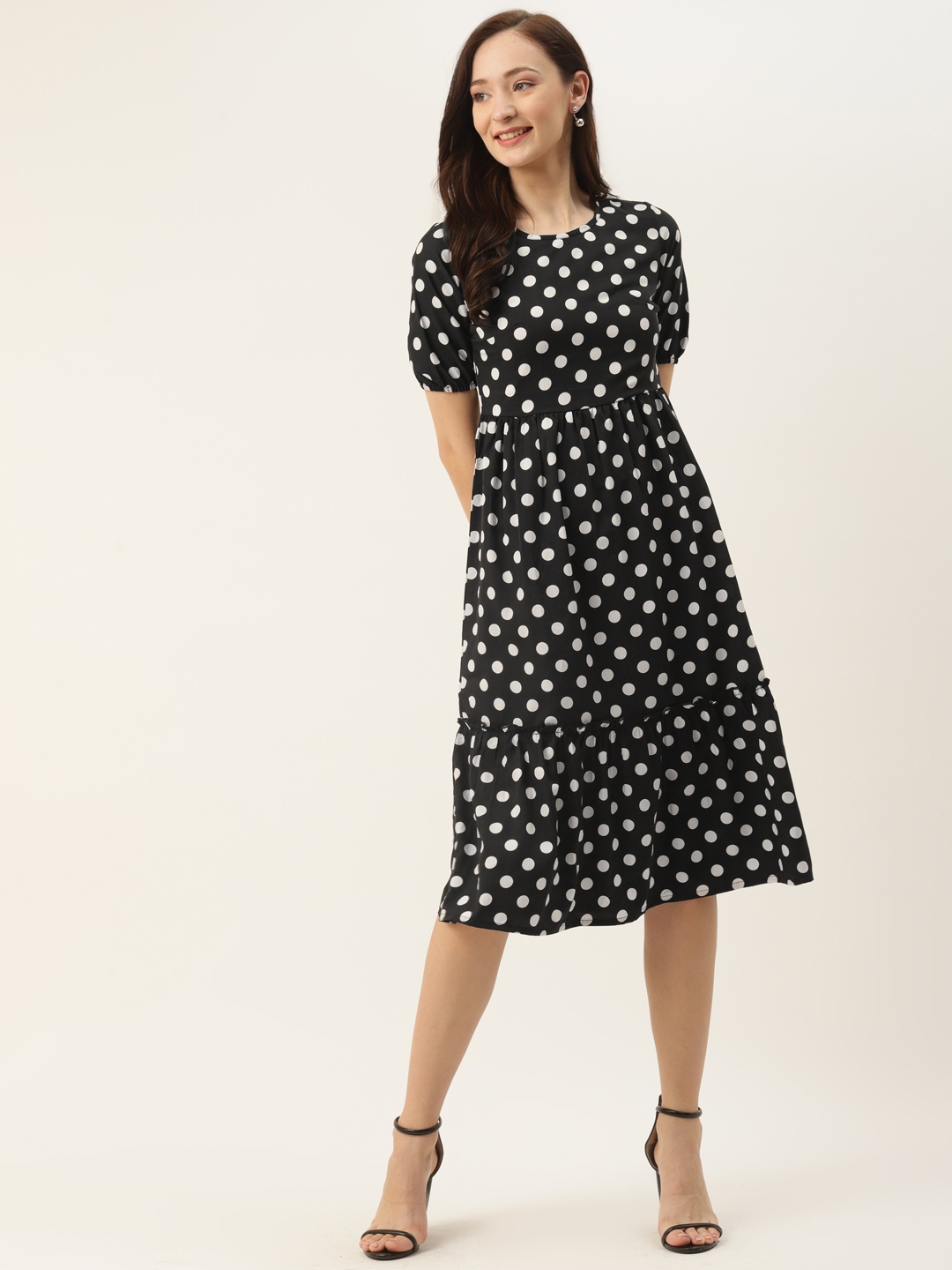 

BRINNS Black & White Polka Dot Printed Crepe Midi Dress