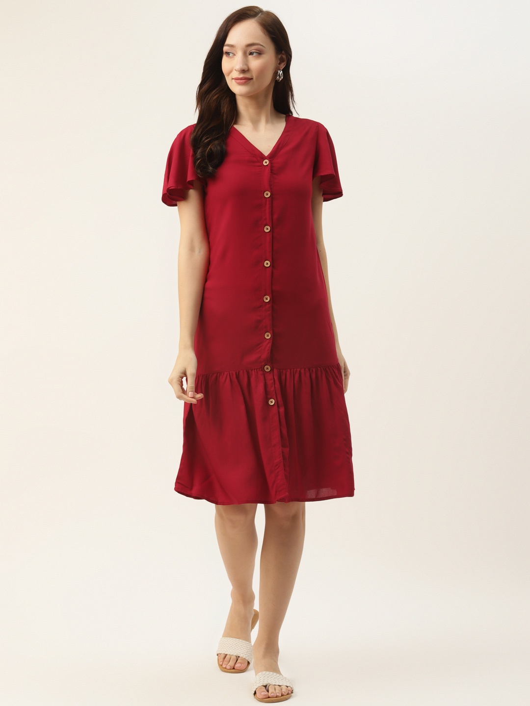 

BRINNS Maroon Solid A-Line Midi Dress