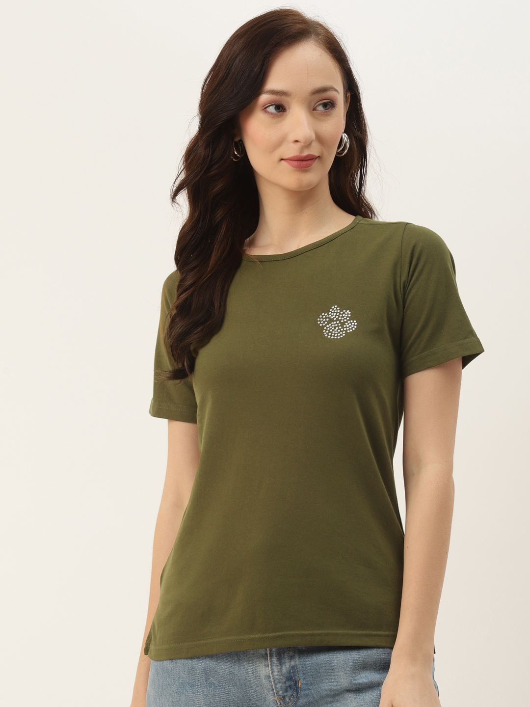 

BRINNS Women Olive Green Solid SHort Sleeved Regular T-shirt