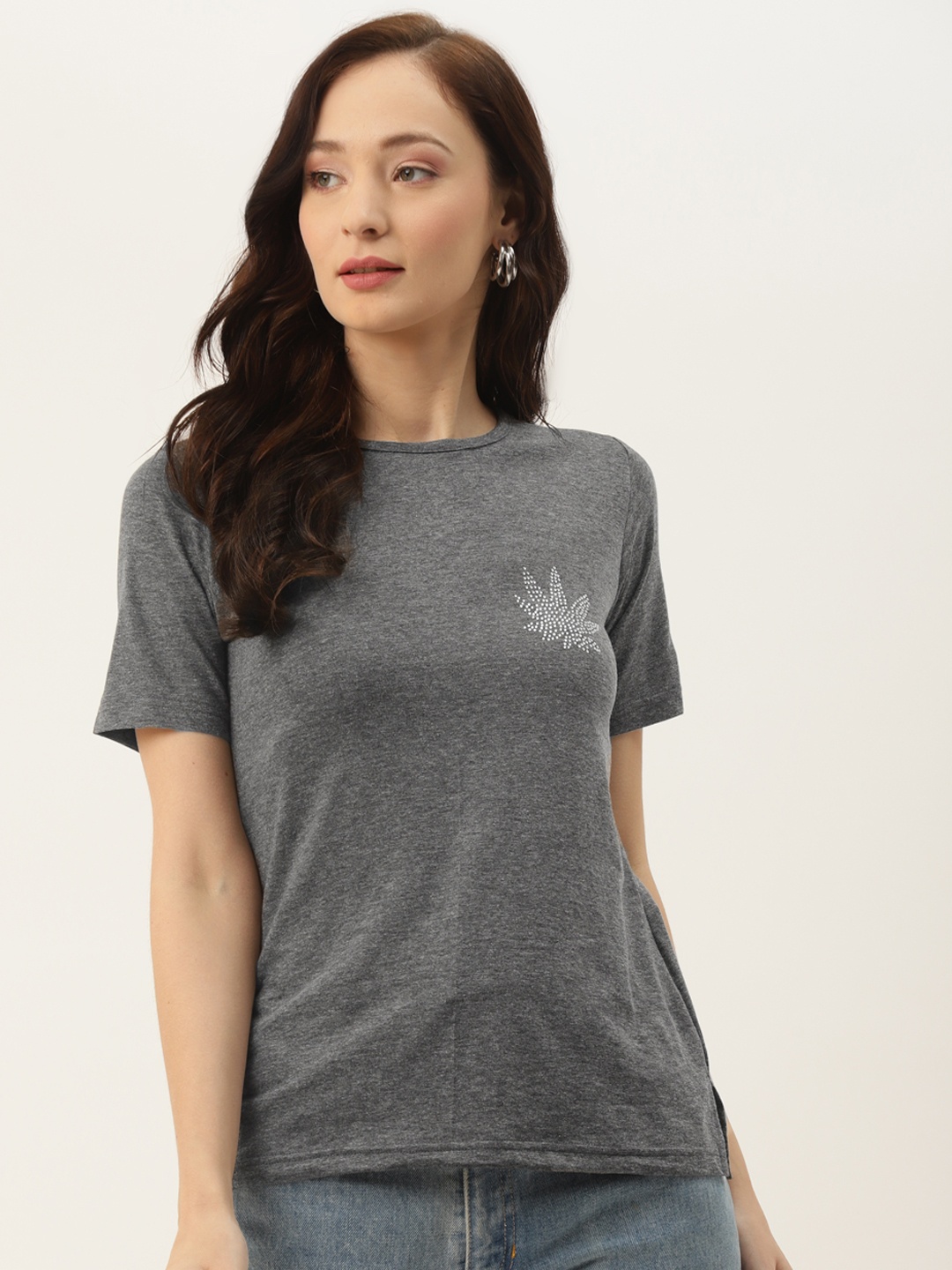 

BRINNS Women Dark Grey Solid Short Sleeved Regular T-shirt