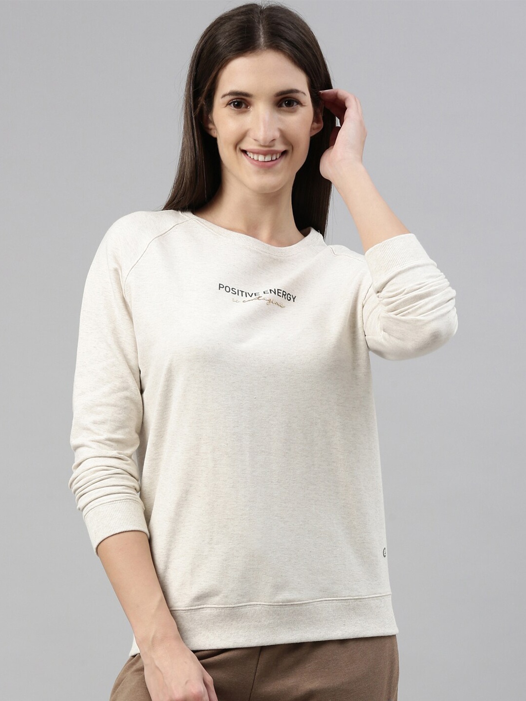 

Enamor Women Crew Neck Stretch Cotton Basic Sweatshirt E079, Off white