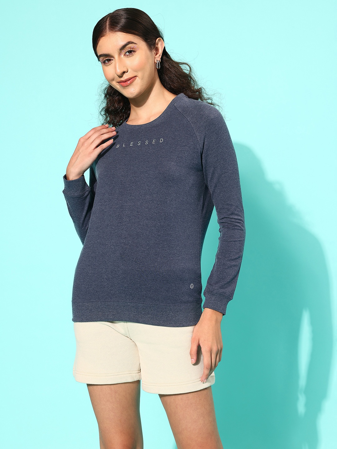 

Enamor Women Crew Neck Stretch Cotton Basic Sweatshirt E079, Navy blue