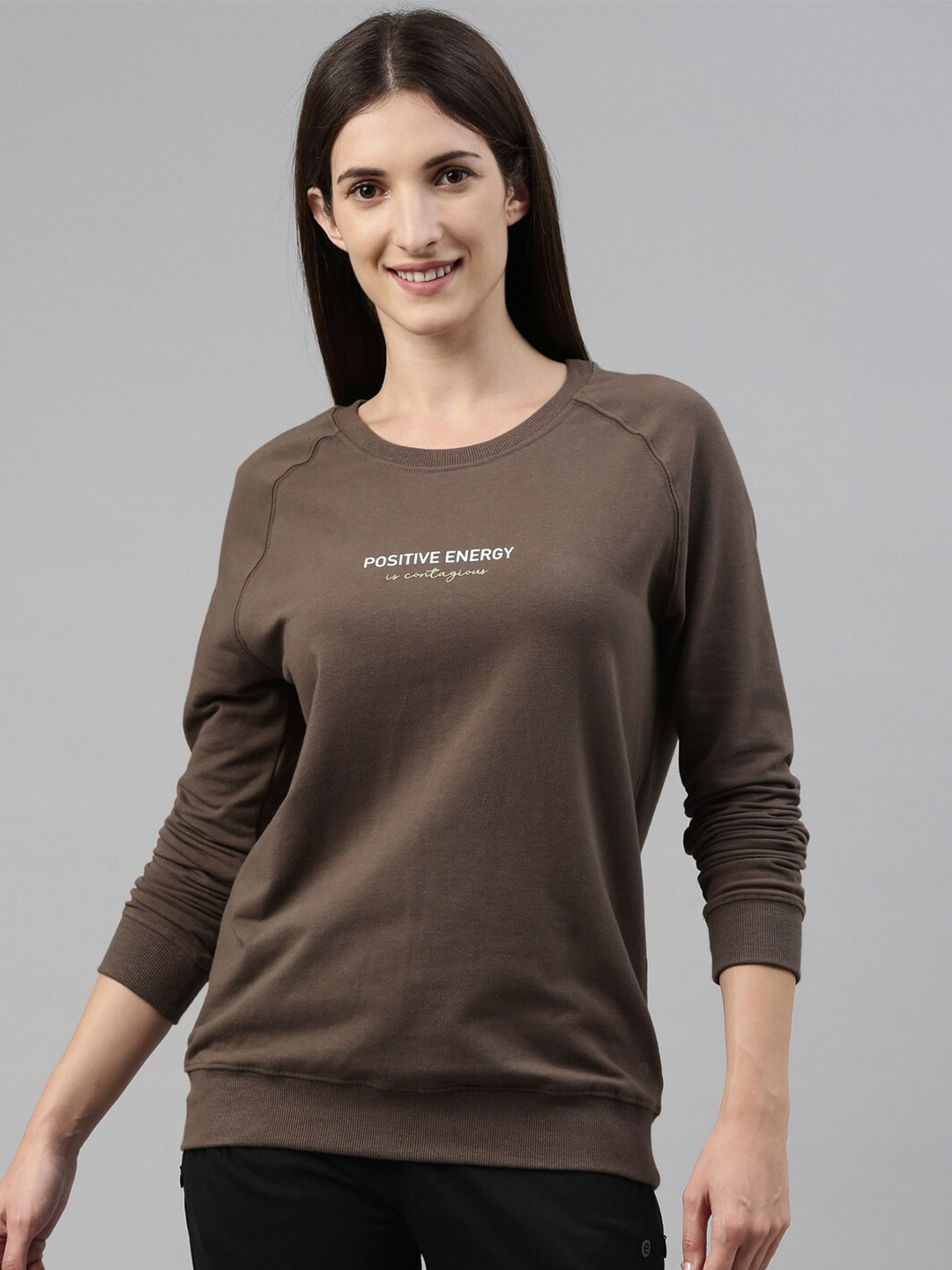

Enamor Women Crew Neck Long Sleeves Stretch Cotton Basic Sweatshirt E079, Brown
