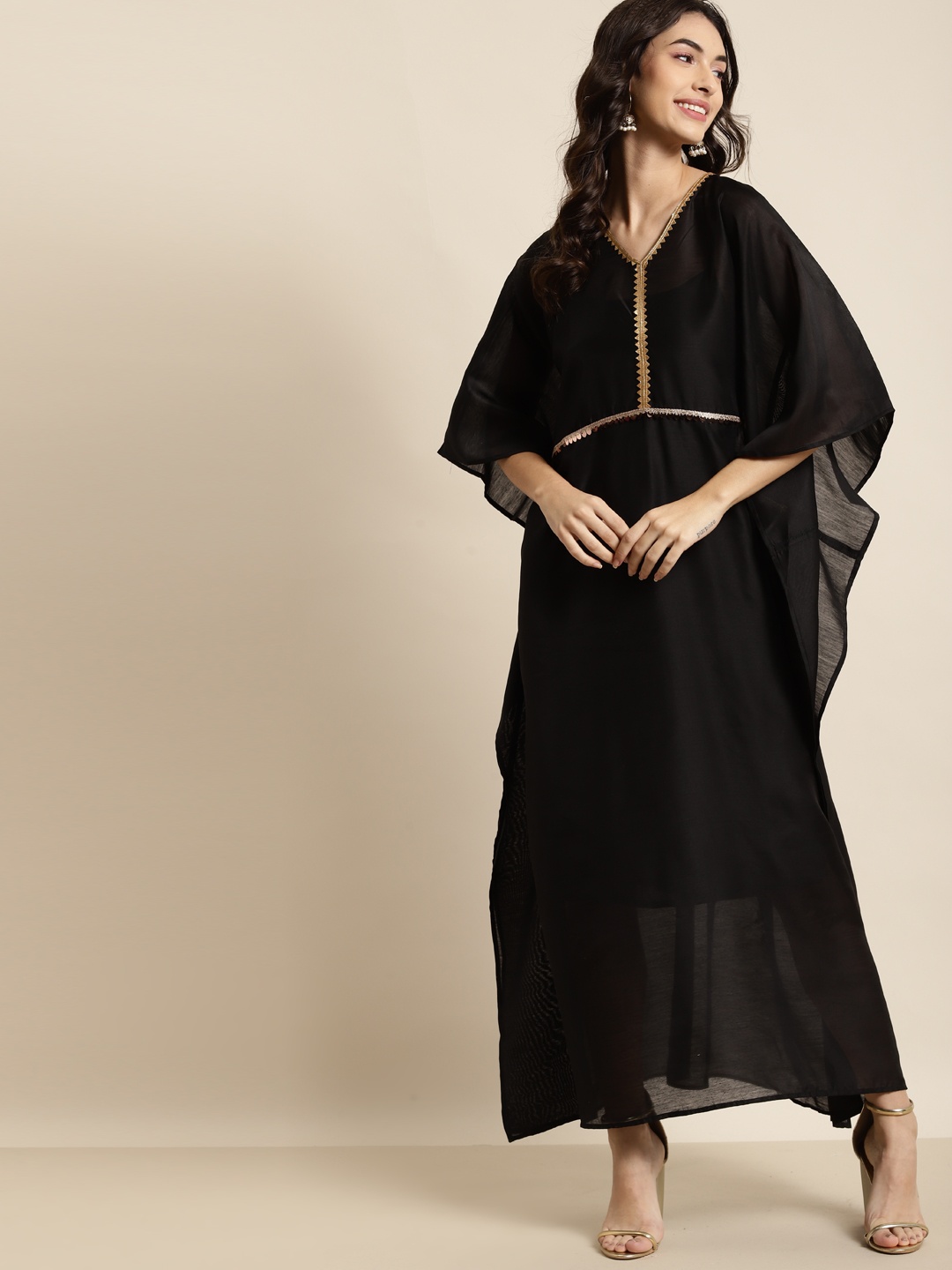 

Shae by SASSAFRAS Women Black Chanderi Lace Kaftan Maxi Dress