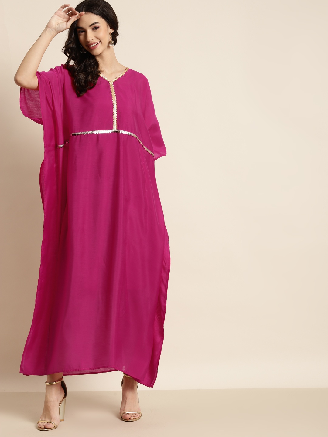 

Shae by SASSAFRAS Women Fuchsia Chanderi Lace Kaftan Maxi Dress