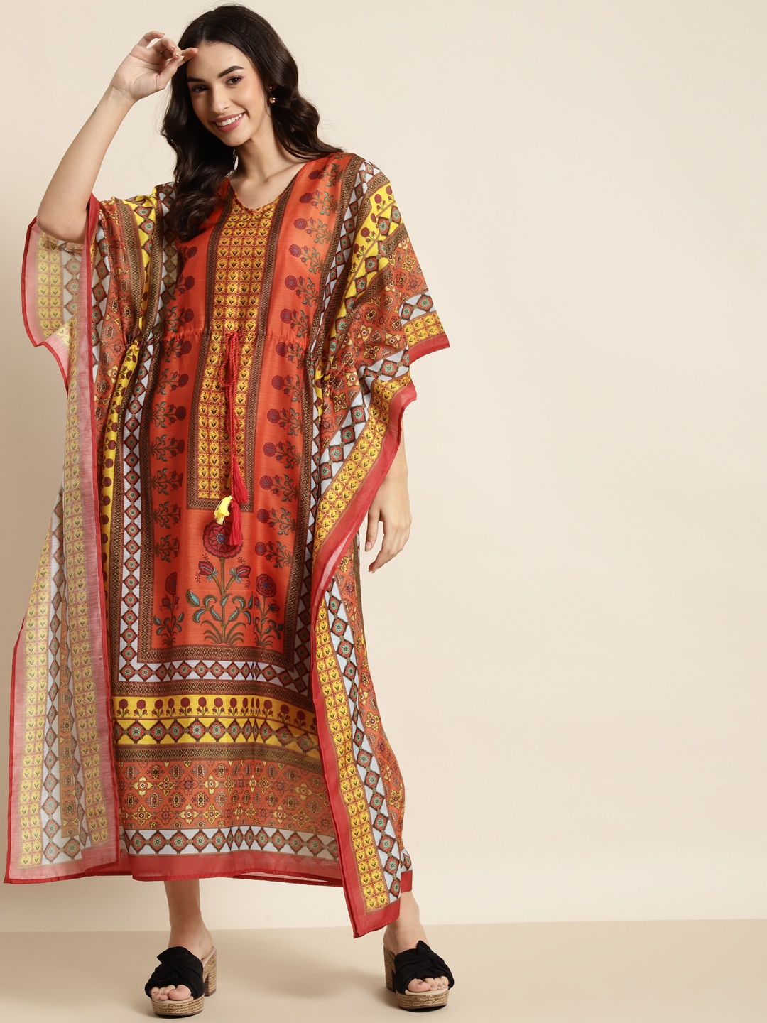 

Shae by SASSAFRAS Women Yellow & Red Floral Ethnic Kaftan Maxi Dress