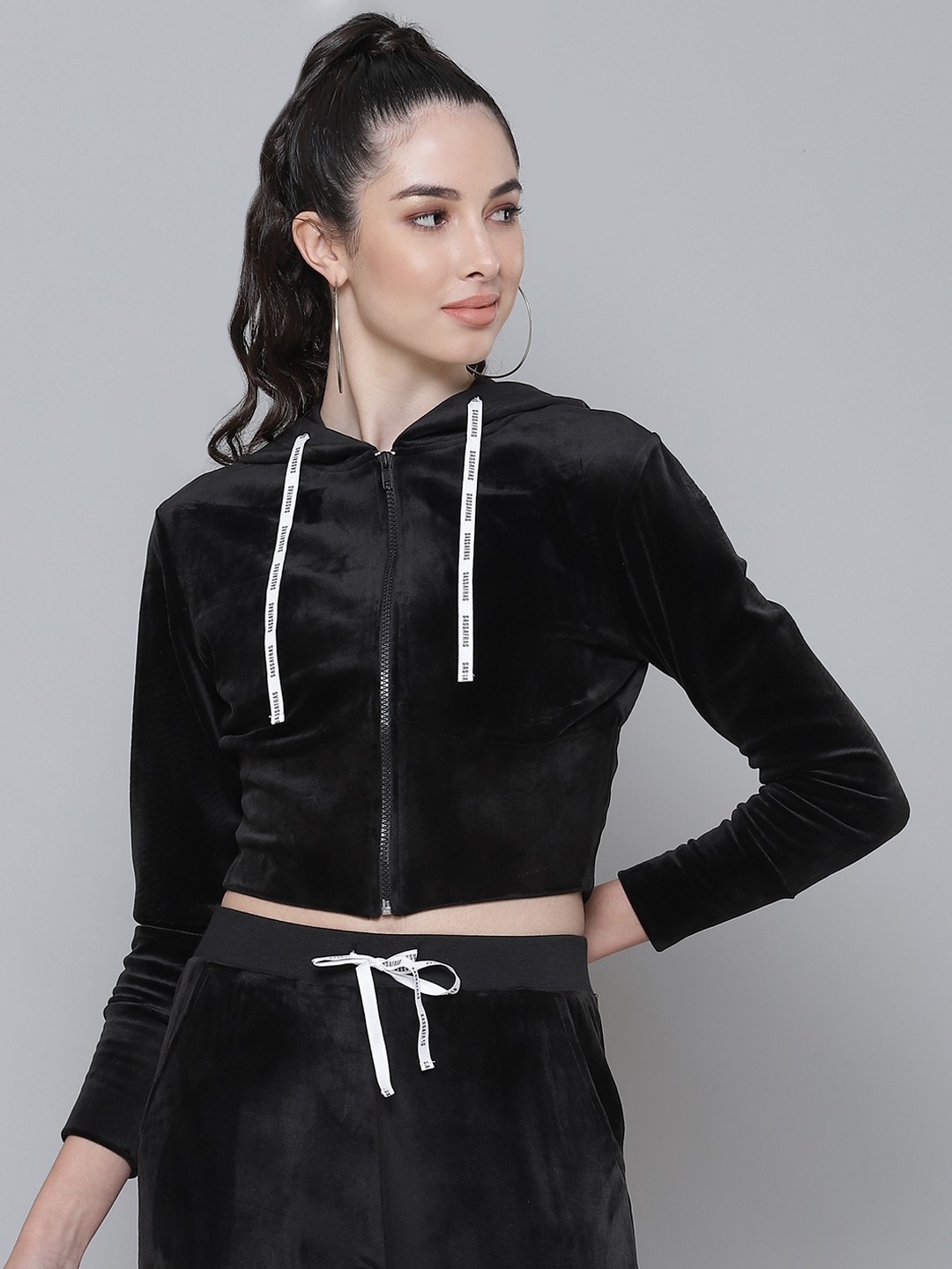 

SASSAFRAS Women Black Crop Open Front Jacket