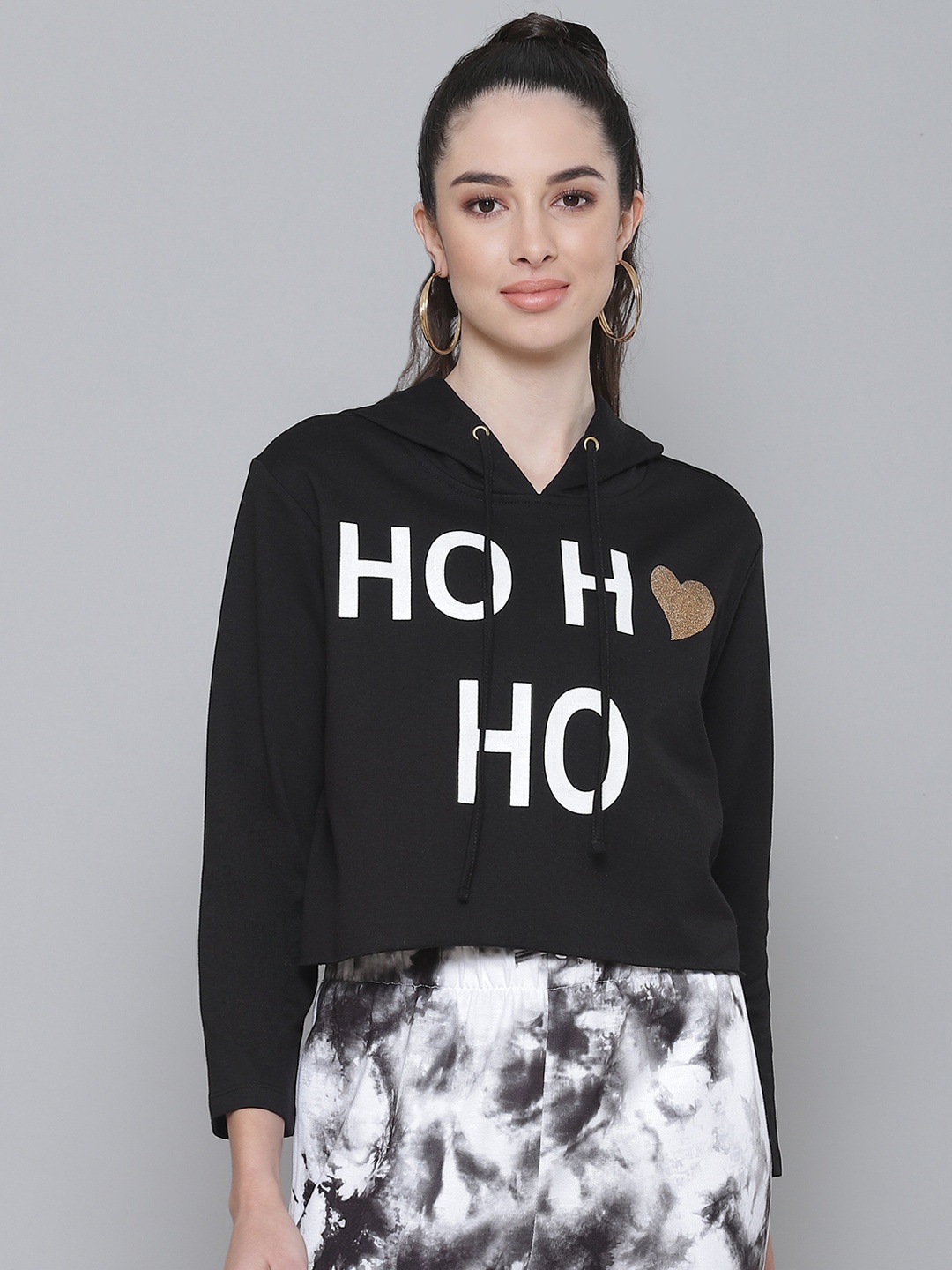 

SASSAFRAS Women Black Printed Hooded Sweatshirt