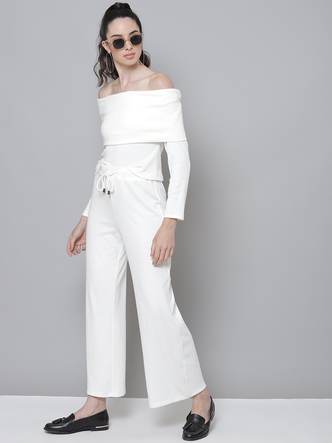 

SASSAFRAS Women White Ribbed Wide Leg Drawstring Pants