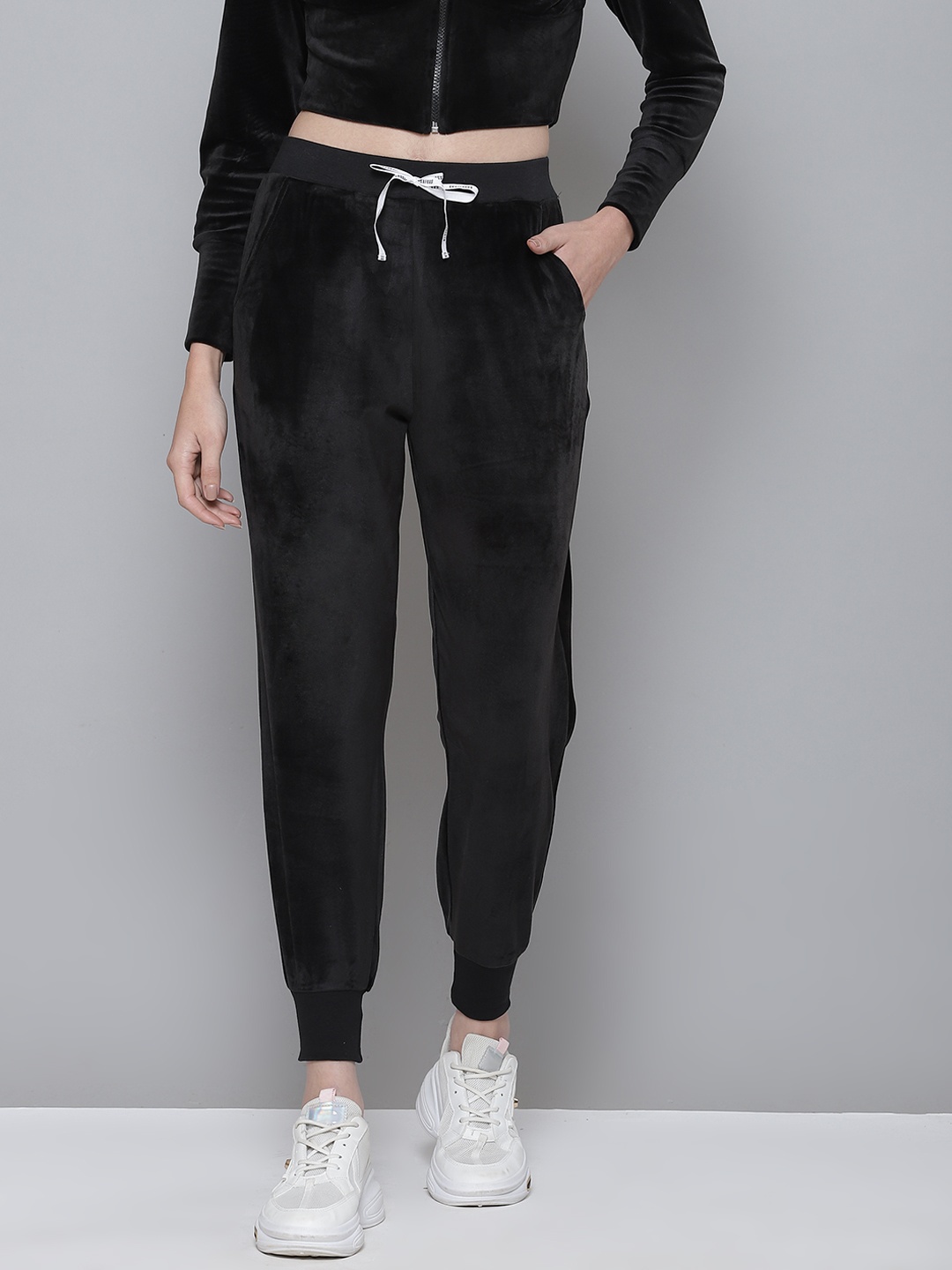 

SASSAFRAS Women Black Velour Drawstring Joggers