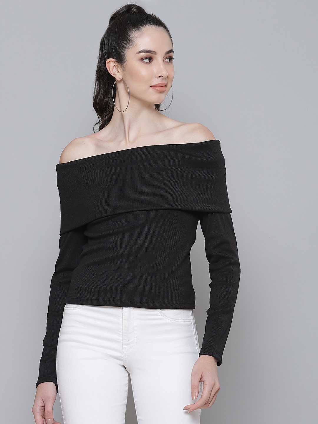 

SASSAFRAS Black Ribbed Off-Shoulder Blouson Top