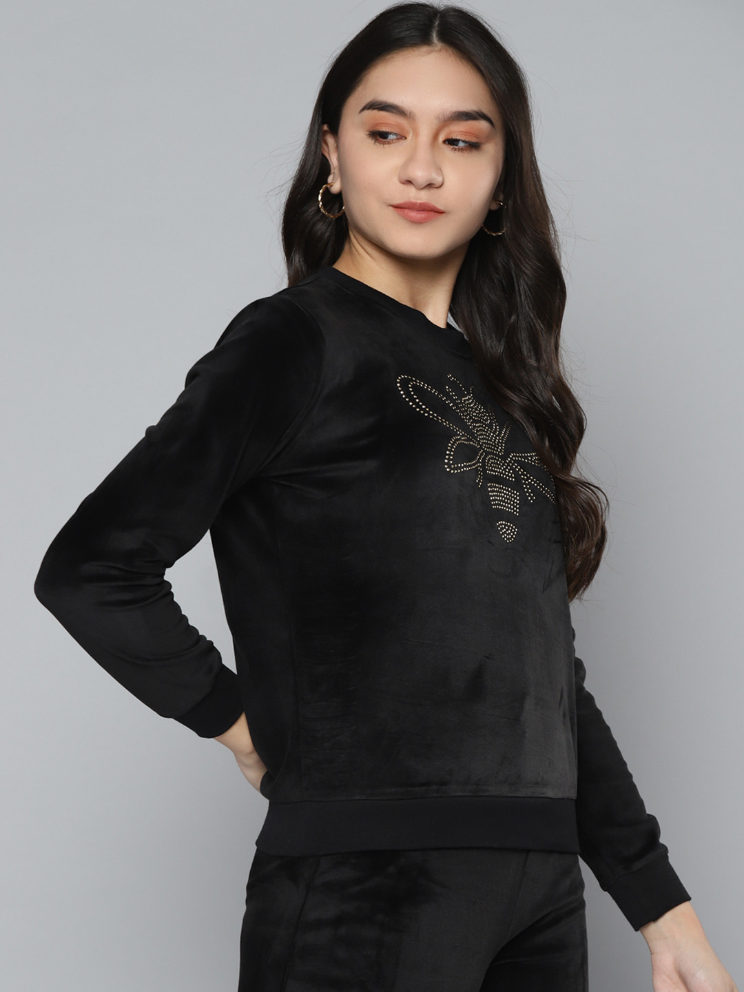 

SASSAFRAS Women Black Velvet Dragonfly Studded Sweatshirt