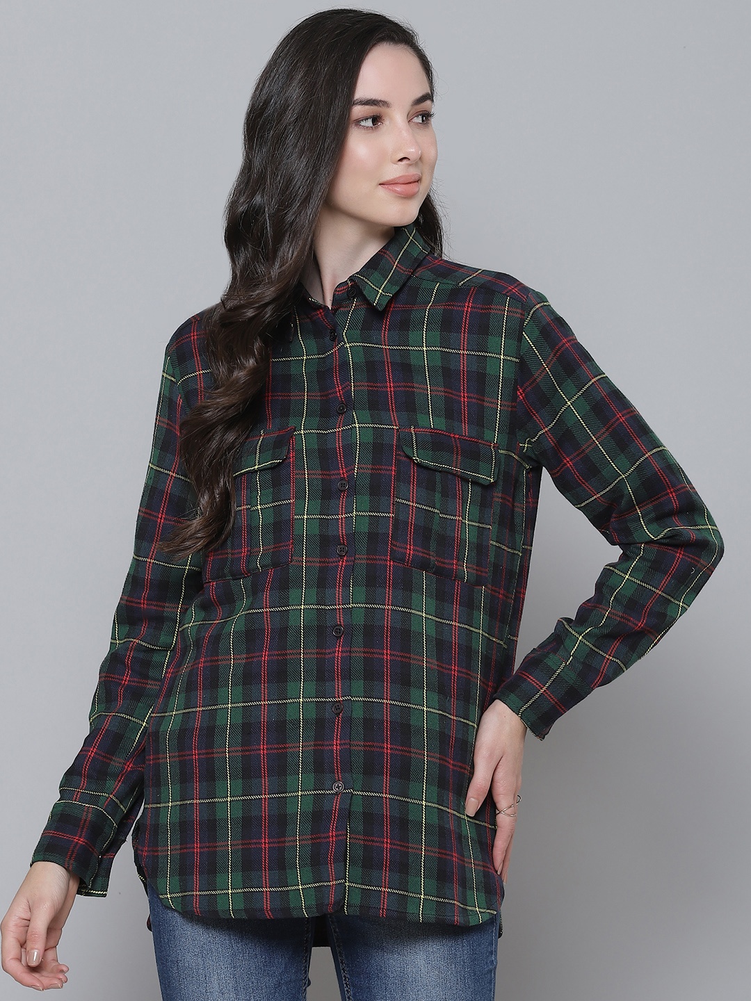 

SASSAFRAS Women Green & Red Cotton Checked Casual Shirt