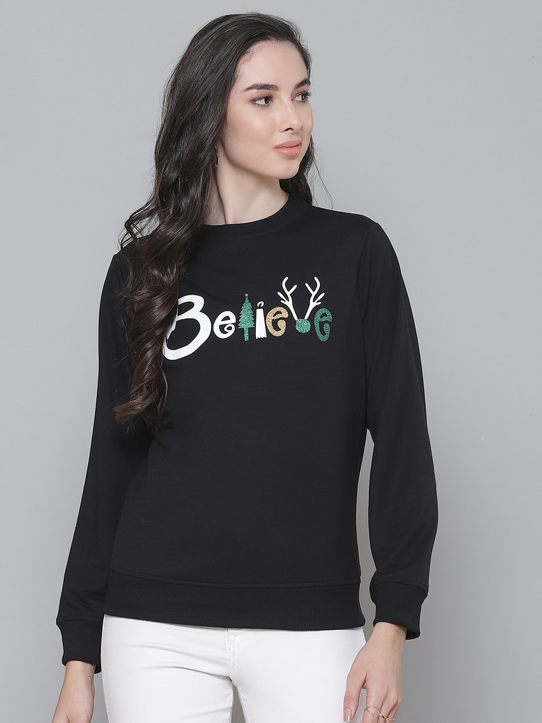 

SASSAFRAS Women Black Printed Sweatshirt