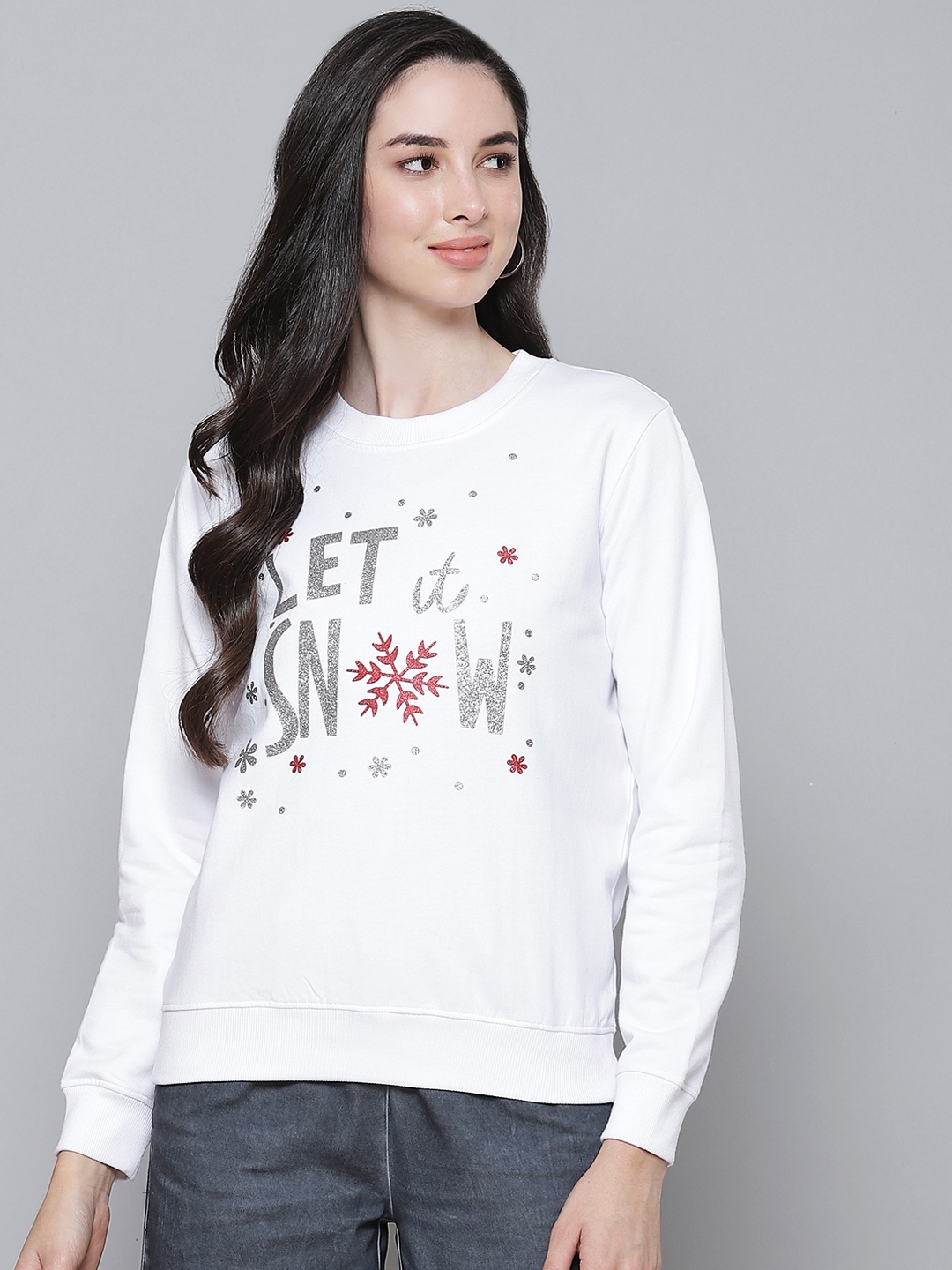 

SASSAFRAS Women White Printed Fleece Sweatshirt