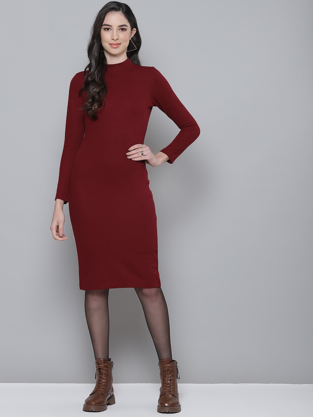 

SASSAFRAS Maroon Ribbed Bodycon Dress