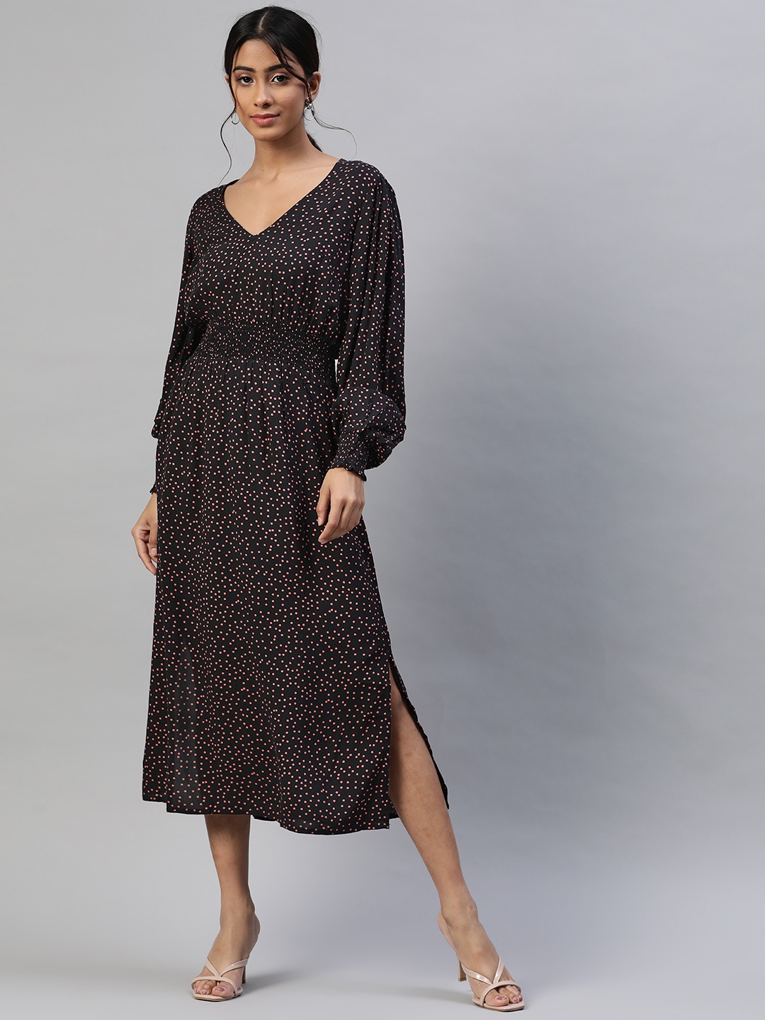 

RUNWAYIN Black & Orange Smocking Polka Dot Crepe Midi Dress