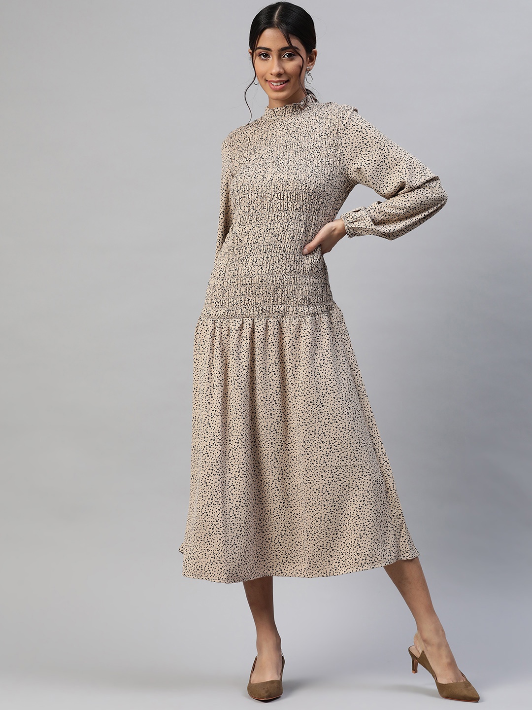 

RUNWAYIN Brown & Black Animal Smocked Crepe Midi Dress