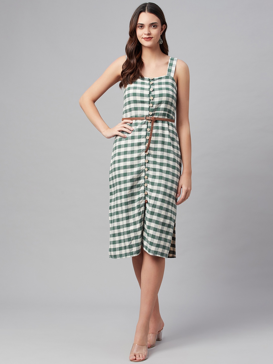 

RUNWAYIN Green & White Checked Linen A-Line Midi Dress