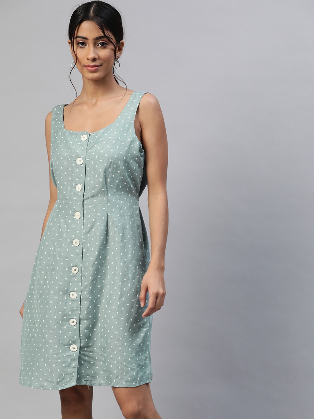 

RUNWAYIN Green & White Linen Fit & Flare Dress