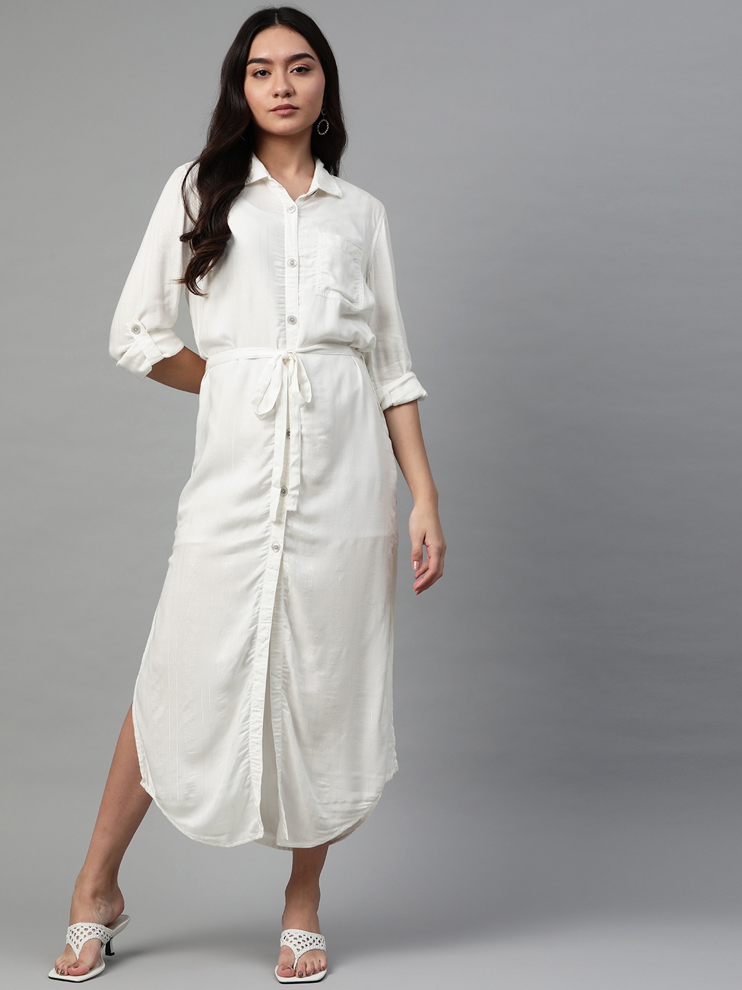 

RUNWAYIN White Cotton Shirt Maxi Dress with Belt & Camisole