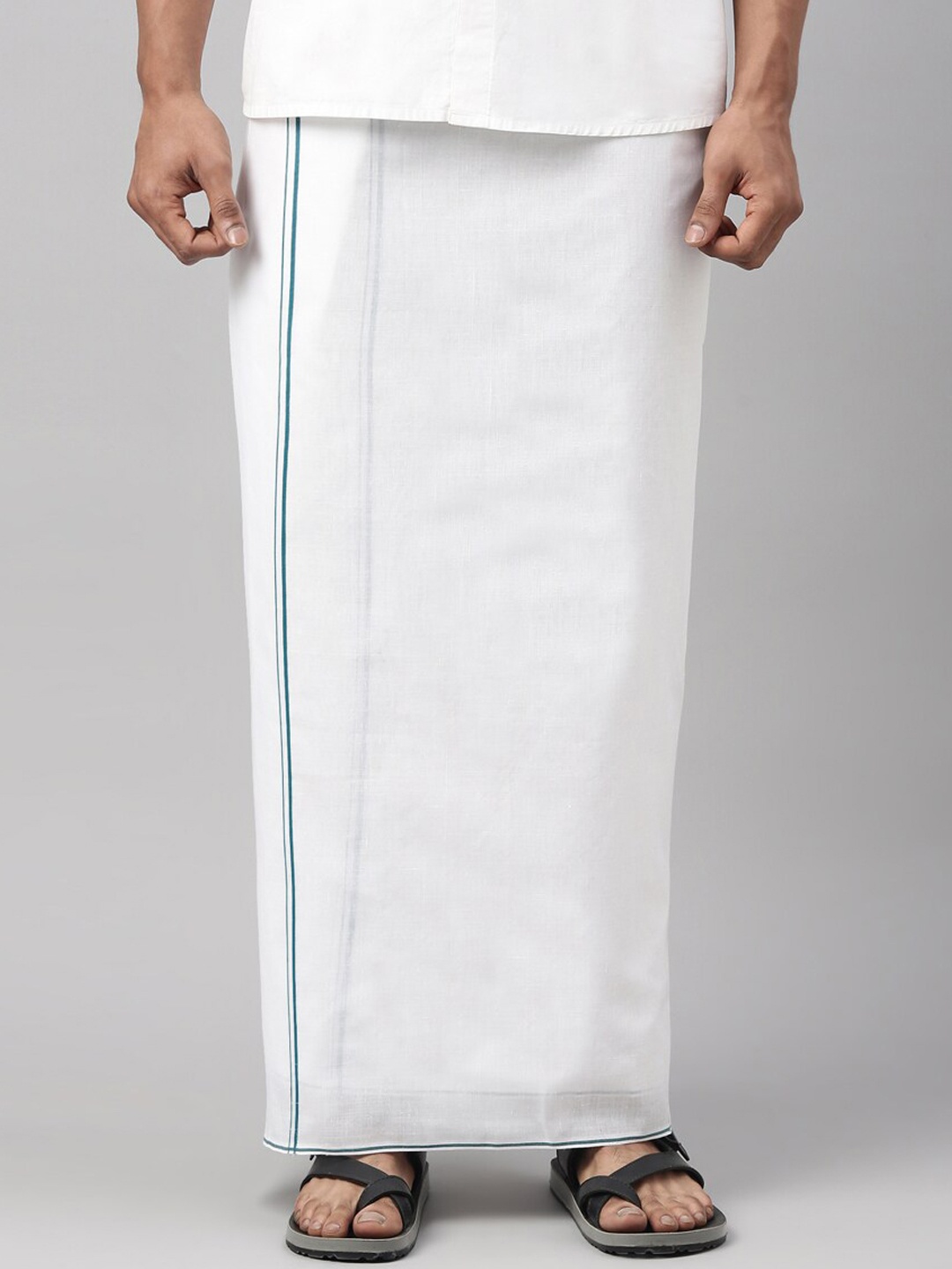 

WHITE HEART Men Teal Green & White Solid Pure Cotton Dhotis