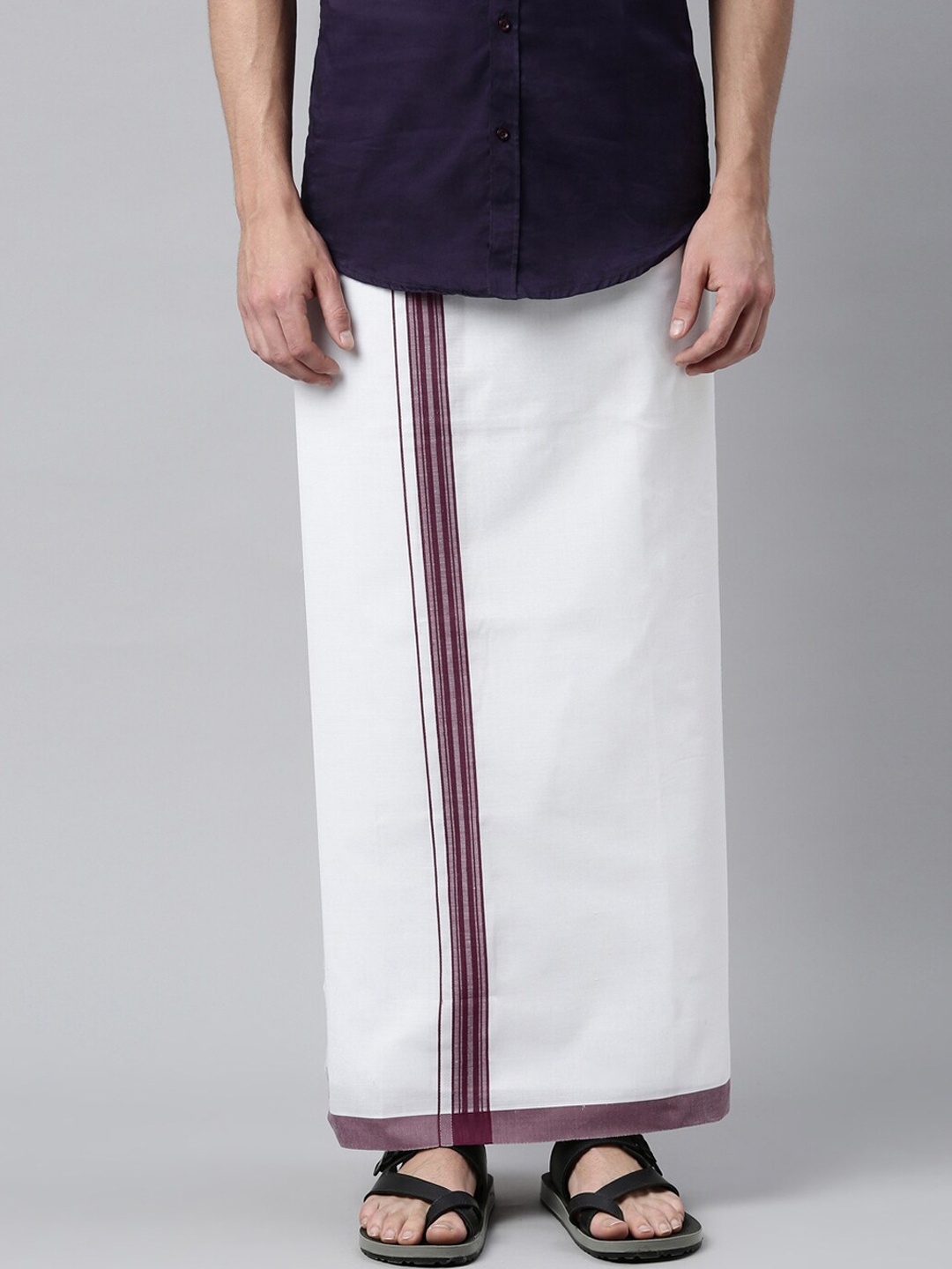 

WHITE HEART Men White & Burgundy Solid Pure Cotton Dhoti