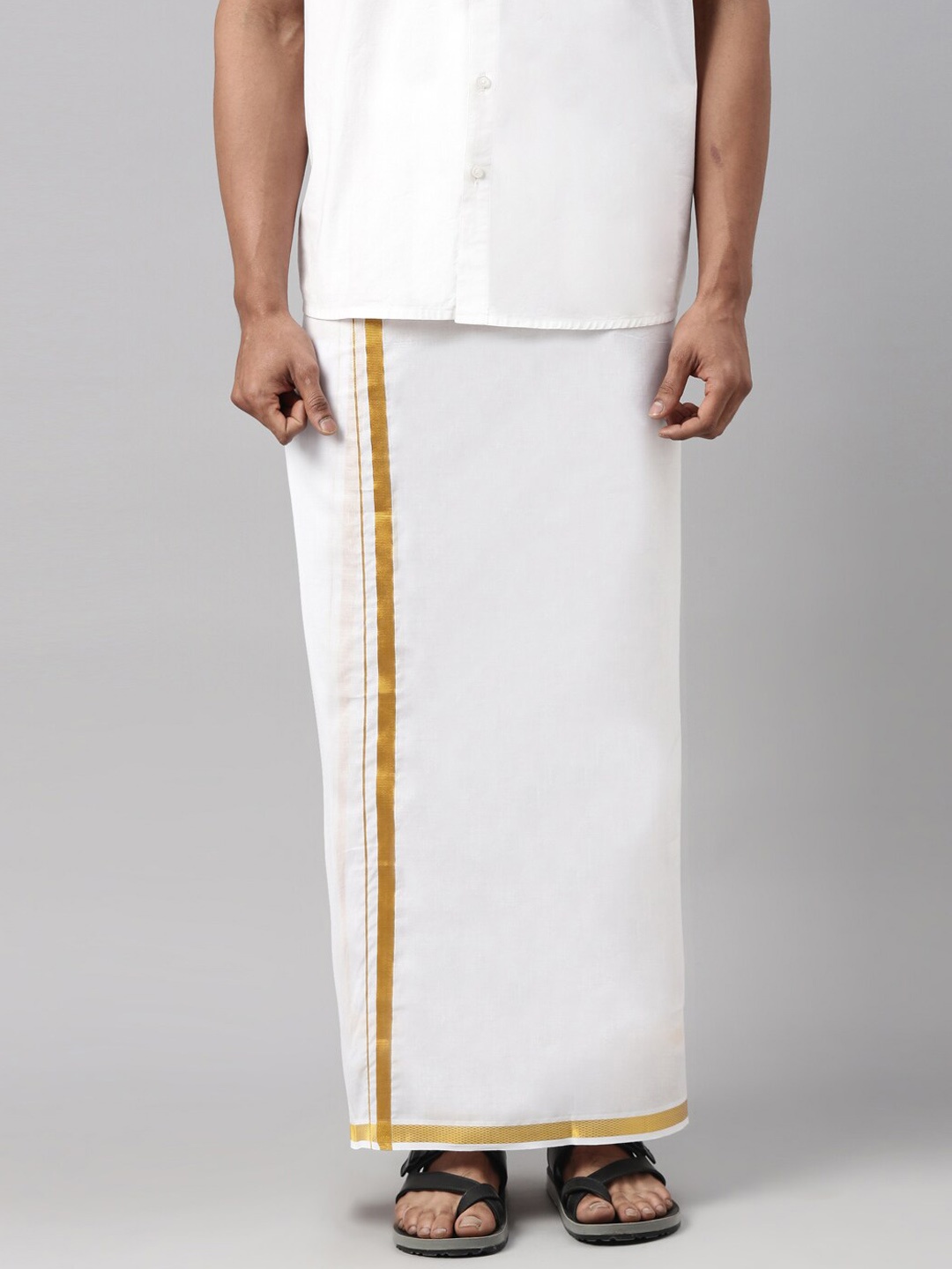 

WHITE HEART Men Pure Cotton Single Layer Dhoti with Gold Zari Border