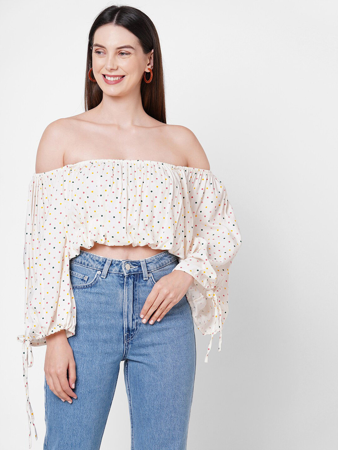 

POPPI Off White Off-Shoulder Bardot Crop Top