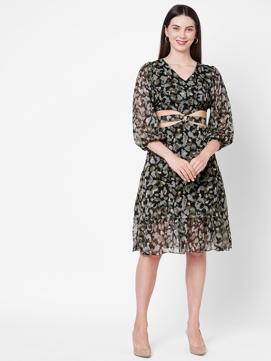 

POPPI Black & Olive Green Georgette Dress