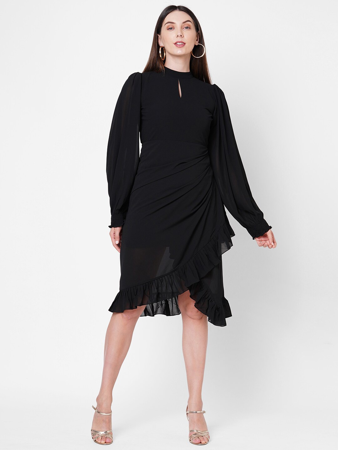 

POPPI Black Solid Keyhole Neck Georgette Tulip Dress