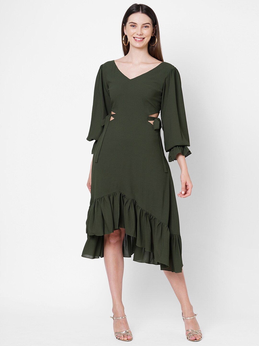 

POPPI Olive Green Georgette Midi Dress