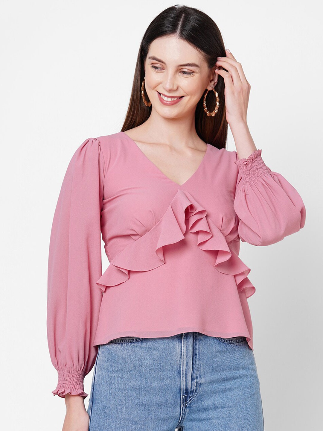 

POPPI Pink Ruffles Georgette Regular Top