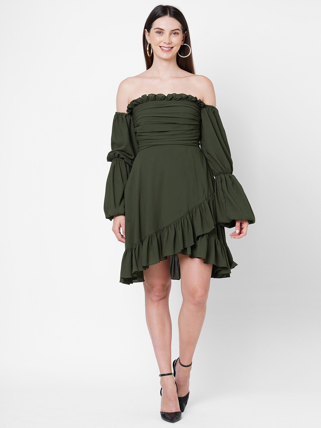 

POPPI Olive Solid Off-Shoulder Georgette Dress