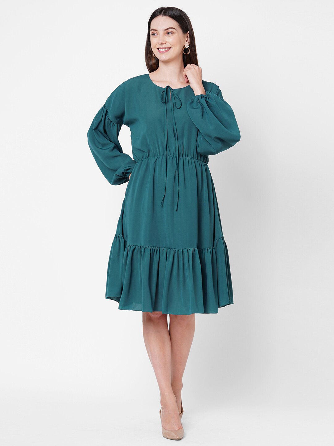 

POPPI Teal Tie-Up Neck Crepe Dress