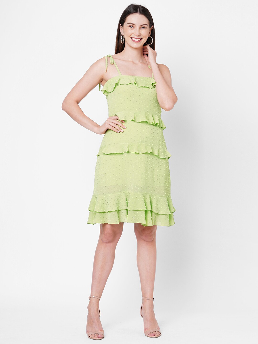 

POPPI Lime Green Georgette Tiered A-Line Dress